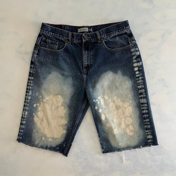 Anchor Blue Distressed Raw Hem Painted Y2K Denim Jorts - Picture 1 of 8